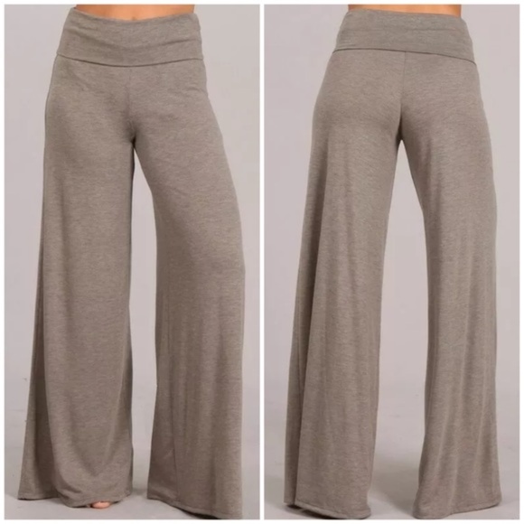 Pants - SOLD OUT Heather Taupe Wide Leg Palazzo Stretch Knit Casual Pull On Style Pants